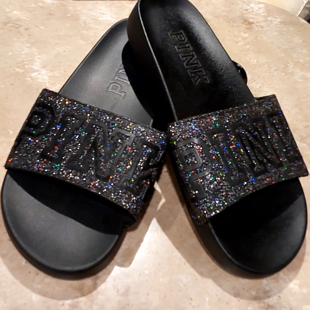 PiNK- Black shimmer sandal.  Size 9